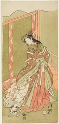 Der Schauspieler Nakamura Noshio I als die dritte Prinzessin (Nyosan no Miya) im Stück Fuki Kaete Tsuki mo Yoshiwara (Neues Dach: Der Mond scheint auch über das Vergnügungsviertel Yoshiwara), aufgeführt im Morita-Theater ab dem ersten Tag des elften Monats
