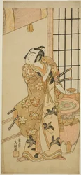 Der Schauspieler Sawamura Sojuro II als Kudo Suketsune (?) im Stück Edo no Hana Wakayagi Soga (?), aufgeführt im Ichimura-Theater (?) im zweiten Monat, 1769 (?)