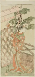 Der Schauspieler Yamashita Kinsaku II als Moshio, Ehefrau von Ito Sukekiyo, im Stück Izu-goyomi Shibai no Ganjitsu, aufgeführt im Morita-Theater im elften Monat, 1772