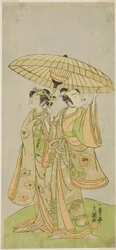 Die Schauspieler Ichikawa Komazo II als Chunagon Yukihira (rechts) und Iwai Hanshiro IV als Murasame (links) im Stück Kuni no Hana Ono no Itsumoji, aufgeführt im Nakamura-Theater im elften Monat, 1771