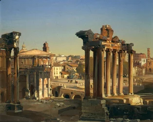 Italien, Rom, Blick auf die römischen Foren mit dem Tempel des Vespasian, dem Bogen des Septimius Severus und dem Tempel des Saturn