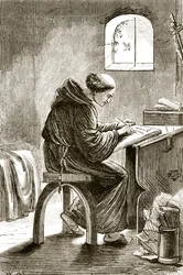 St. Vincent schreibt in seiner Zelle in Ferins, aus The Trias Thaumaturga, oder Drei Wunderwirkende Heilige von Irland, von Mary Cusack (1829-99) veröffentlicht um 1890
