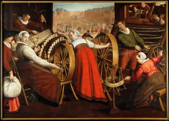 Arbeiter beim Spinnen und Weben von Wolle, um 1600