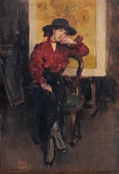 Eine elegante Dame vor den Sonnenblumen von Vincent van Gogh, ca. 1916-20
