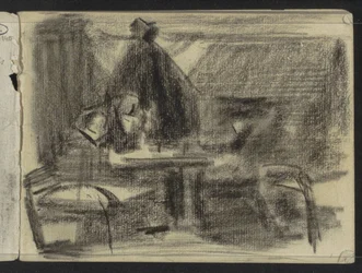 Figuren an einem Tisch in einem Interieur