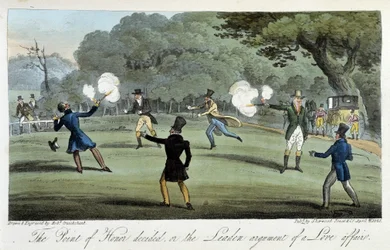 Duell mit einer Pistole aus Herzensangelegenheiten - in „The English Spy“ von Charles Molloy Westmacott, ill. von Robert Cruikshank, London