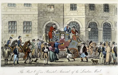 Post in London: Das Postamt Bristol, Ankunft der Londoner Post - in „The English Spy“ von Charles Molloy Westmacott, Zeichnung von Robert Cruikshank, Londoner Ausgabe