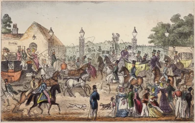 Die Ankunft oder der westliche Eingang nach Cockney Land (farbige Gravur)