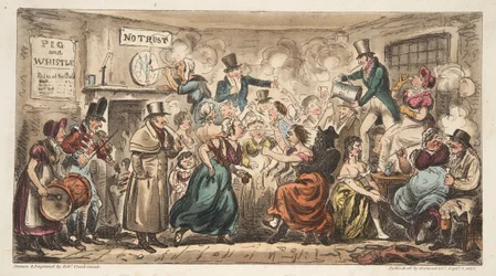 Der Buff Club im Pig and Whistle, Avon Street, Bath, aus The English Spy, veröffentlicht London, 1824