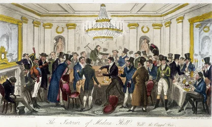 Das Innere der Modern Hall - in „The English Spy“ von Charles Molloy Westmacott, Zeichnung von Robert Cruikshank, London Edition