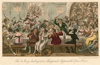 Tom und Jerry scherzen bei einem Maskenball-Supper im Opernhaus, London