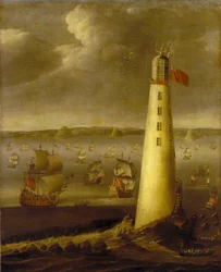 Eddystone-Leuchtturm, vor der Küste von Devon (England). Öl auf Leinwand, um 1708, von Isaac Sailmaker (1633-1721)