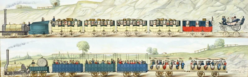 Reisen auf der Liverpool und Manchester Eisenbahn, graviert von S.G. Hughes, ca. 1831