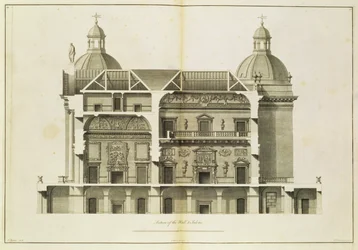 Houghton Hall: Querschnitt der Halle und des Salons, graviert von Pierre Fourdrinier, 1735