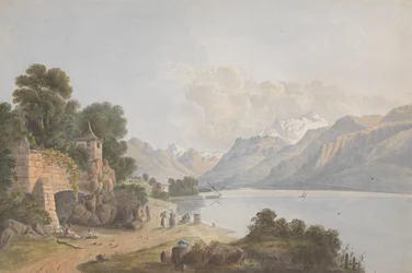 Gebirgige Landschaft mit See, Tor und Figuren