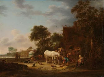 Landgasthof mit einem Pferd am Trog