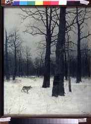 Wald im Winter. Schwarze und kahle Bäume im Schnee, mit einem Wolf