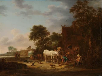 Landgasthof mit einem Pferd am Trog