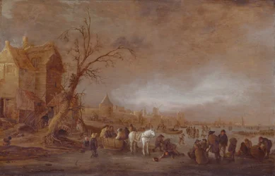 Winterszene mit Figuren auf einem zugefrorenen Fluss vor einer ummauerten Stadt