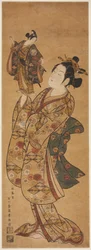 Der Schauspieler Onoe Kikugoro I hält eine Puppe des Schauspielers Sanogawa Ichimatsu I
