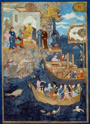 Kunst des Islam: Miniatur, die eine Szene am Wasser darstellt