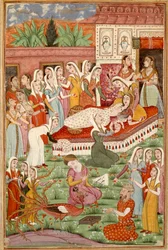 Islamische Kunst: Die Geburt von Roustam durch Kaiserschnitt Persische Miniatur aus einem Manuskript des epischen Gedichts „Shahnameh“ (Buch der Könige) von Ferdowsi (ca. 940-1020) Chantilly, Musée Condé