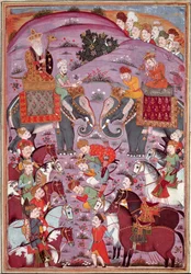 Islamische Kunst: „Das erste Treffen von Roustam und seinem Großvater Sam“. Persische Miniatur aus einem Manuskript des Epos „Shahnameh“ (Buch der Könige) von Ferdowsi (ca. 940-1020).