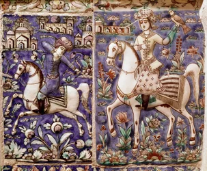 Islamische Kunst: Falkenjagd. Keramik von Isfahan oder Isfahan im Iran