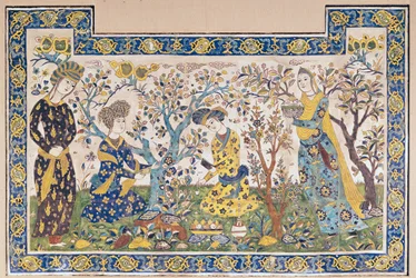 Wandtafel mit Figuren, die sich in einem Garten entspannen, aus dem Tschehel Sutun oder Pavillon der Vierzig Säulen, gebaut von Schah Abbas II.