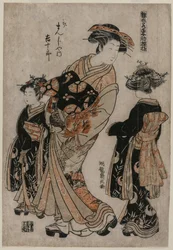 Die Kurtisane Kichijuro von Kage Manjiya mit zwei Kamuro..., späte 1770er Jahre