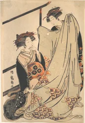 Zwei Schönheiten beim Betrachten eines Kimonos