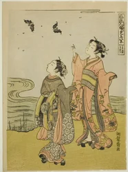 Junge Frau im Glanz des Sonnenuntergangs (Musume no sekisho), aus der Serie "Acht Ansichten modischer menschlicher Beziehungen (Furyu jinrin mitate hakkei)"