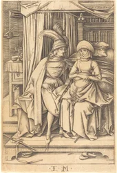 Sitzendes Paar auf einem Bett, ca. 1495-1503