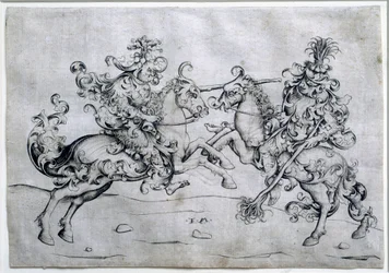 Zwei Reiter beim Spielen. Zeichnung von Israel Van Meckenem (ca. 1440-1503). Louvre Museum