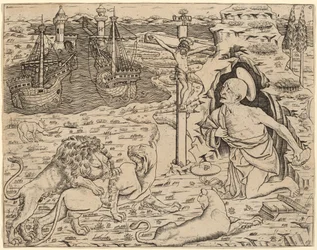 Heiliger Hieronymus in Buße, mit zwei Schiffen im Hafen