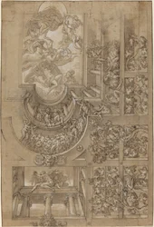 Illusionistische Decke mit einem Weinlaub, Figuren auf Galerien und einer zentralen Szene der olympischen Götter