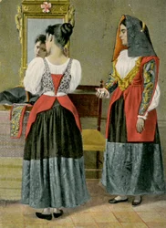 Zwei Frauen in traditioneller Tracht, Sennori, Sardinien, Italien, Fotografie von G. Dessi, Cagliari