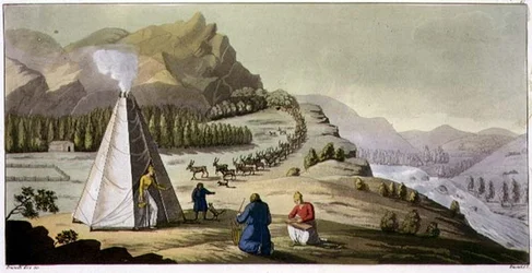 Eine Lappenhütte oder ein achteckiges Zelt mit einer Rentierherde, die den Berg herabkommt, Tafel 47 aus der 