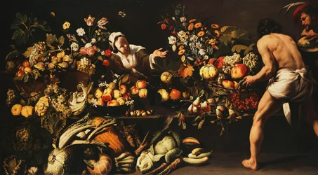 Eine Speisekammer mit Gemüse, Blumen und Obst