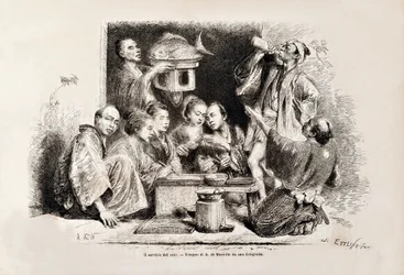 Eine kleine Party trinkt Sake, aus der italienischen Ausgabe von Tour du Monde, 1869