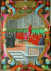 Eine Sitzung des Großen Rates von Venedig unter dem Vorsitz des Dogen Sebastiano Venier