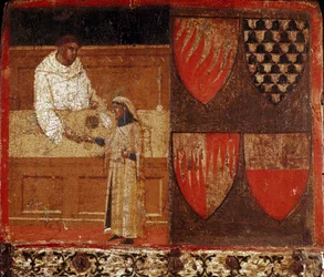Ein Steuereintreiber und ein Steuerzahler Anonymes Gemälde auf Holz, das eine Biccherna (Umschlag des Rechnungsregisters der Stadt Siena) von 1340 dekoriert. Nationalarchiv - Museo delle Tavolette di Biccherna, Siena