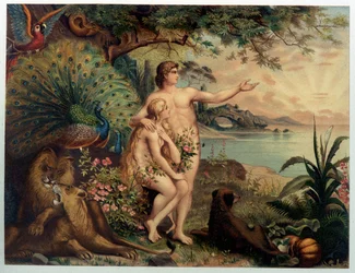 Adam und Eva im irdischen Paradies (Eden) - in „Aurea Bibbia classica: storia della rivelazione divina nell