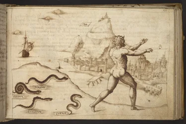 Schlangen verfolgen eine menschliche Figur, aus Historia Animalium, 1595