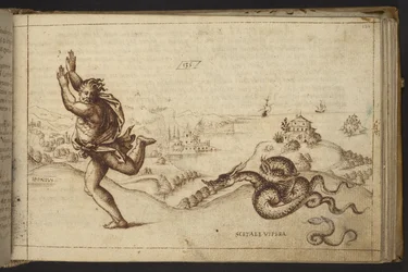 Menschliche Figur von Schlangen verfolgt, aus Historia Animalium