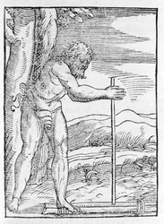 Ein Indianer der Tainos entzündet ein Feuer durch Reiben zweier Holzstücke. Gravur aus „Navigationi und Viaggi“ von Giovanni Battista Ramusio, Bd. III, Venedig 1565