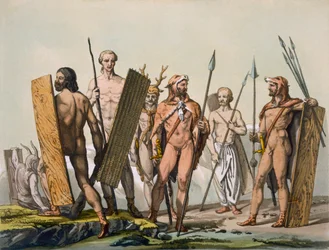 Alte keltische Krieger in Kampfmontur mit einem Schamanen, ca. 1800-18