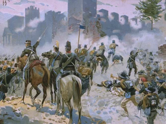 Schlacht von Solferino und San Martino, 24. Juni 1859, Illustration aus einem Album zur Geschichte des Risorgimento für die Schokolade Talmone, späte 19. Jahrhundert