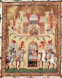 Kampfszene an den Mauern Jerusalems, aus Descriptio Terrae Sanctae von Burcardus Theutonicus oder Burchard von Mount Sion