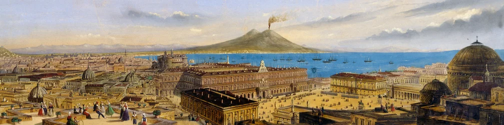 Vogelperspektive auf den Königspalast und die Piazza Plebiscito in Neapel, Italien